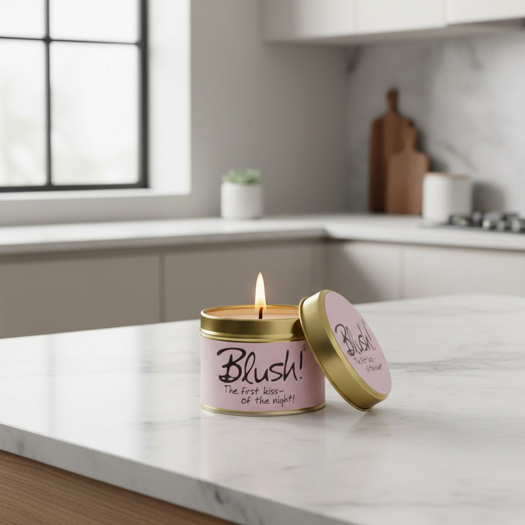 A pink cylindrical candle tin with a gold lid sits on a white marble kitchen counter, with the lid leaning against the tin. The tin is labeled 'Blush! The first kiss-of-the-night!' and shows a lit candle inside.
