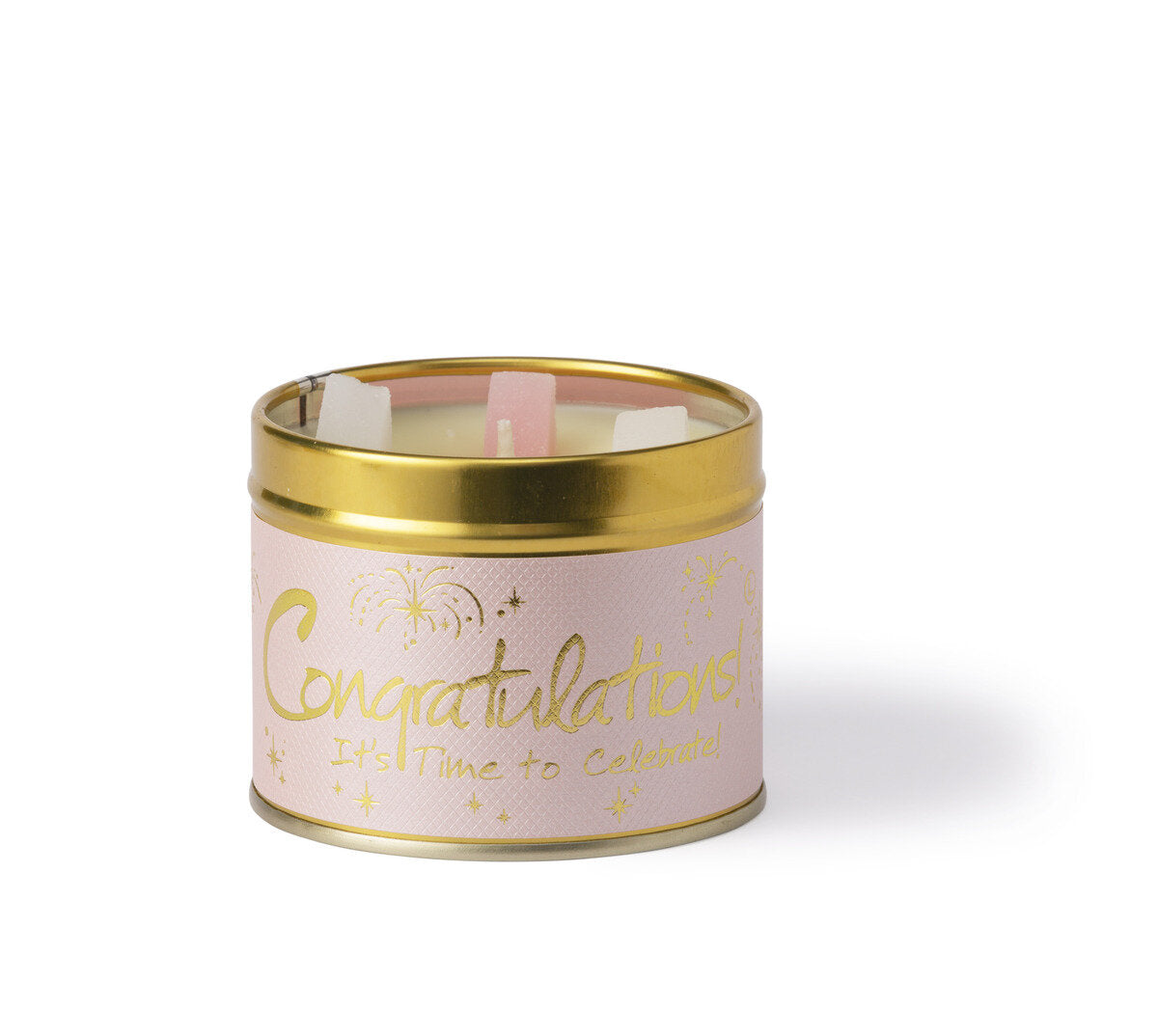 Pink candle tin with gold lid and 'Congratulations' text on a white background