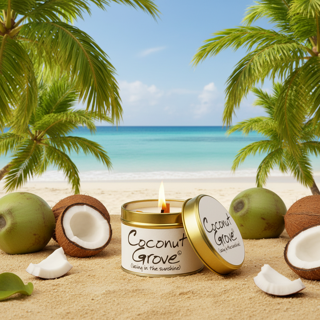A lit coconut-scented candle in a white tin with a gold lid sits on a sandy beach with coconuts, palm trees, and the ocean in the background. The label reads 'Coconut Grove' and 'Scented Wax Candle'.