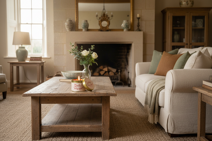 A rustic wooden coffee table in a cozy, well-lit living room with a cream sofa, decorative pillows, a fireplace, and a vase of white roses on top.