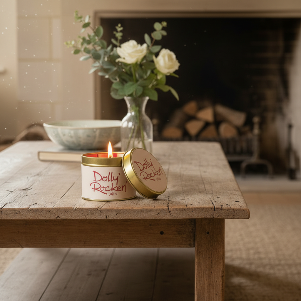 A lit candle in a round metal tin sits on a rustic wooden table, with its lid placed beside it. The tin is labeled 'Dolly Rocker' in red script.