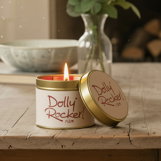 A lit candle in a round white tin with a gold lid resting beside it on a rustic wooden table. The label reads "Dolly Rocker! Flame" in red script.
