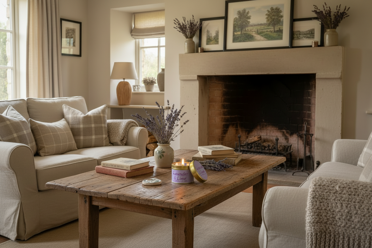 A cozy, rustic living room featuring a large beige sofa, a weathered wooden coffee table with books and candles, a brick fireplace with a stone mantel, and neutral-toned decor.