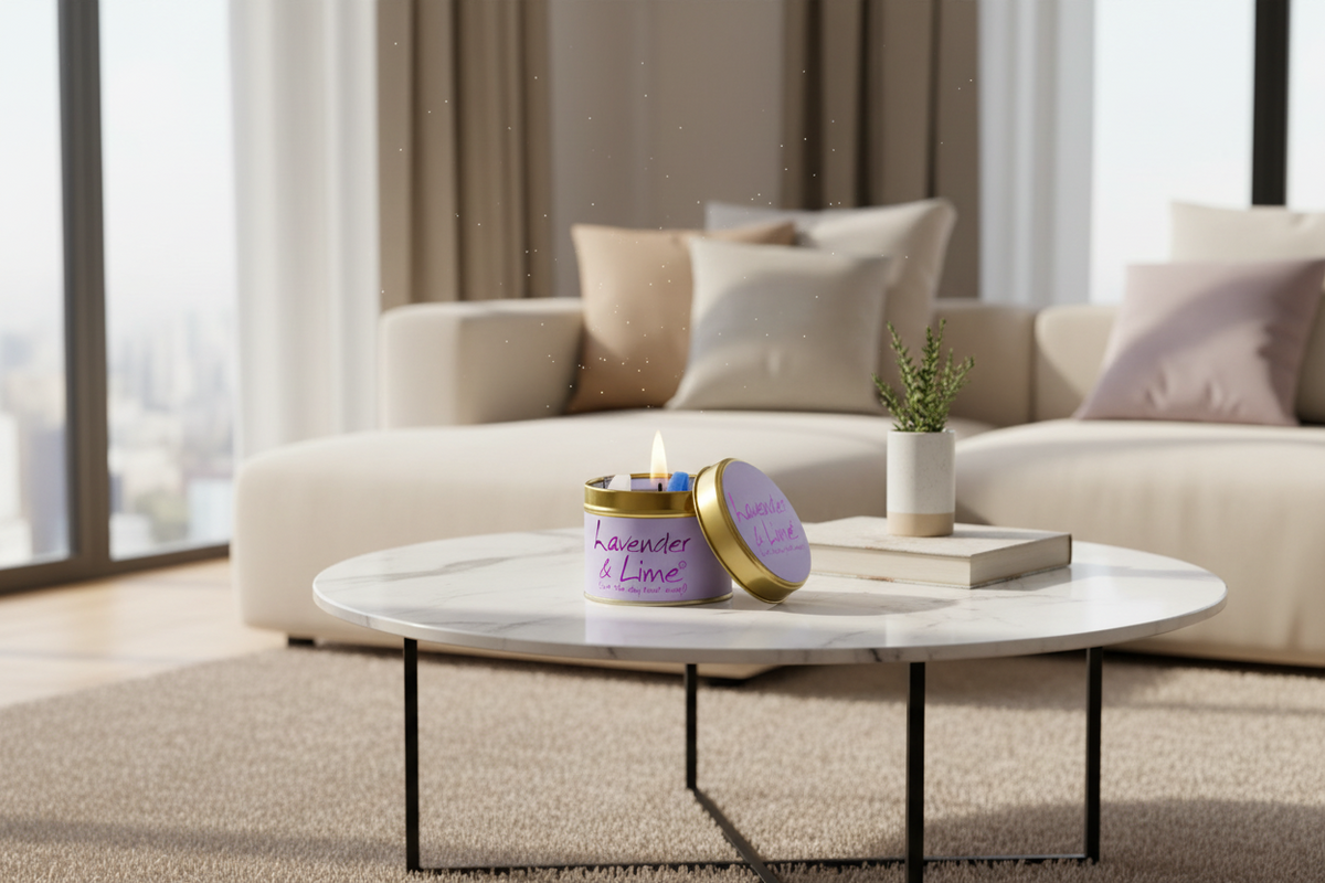 A lit lavender and lime scented candle in a gold-rimmed tin sits on a round white marble coffee table in a modern living room setting with a beige sectional sofa in the background.