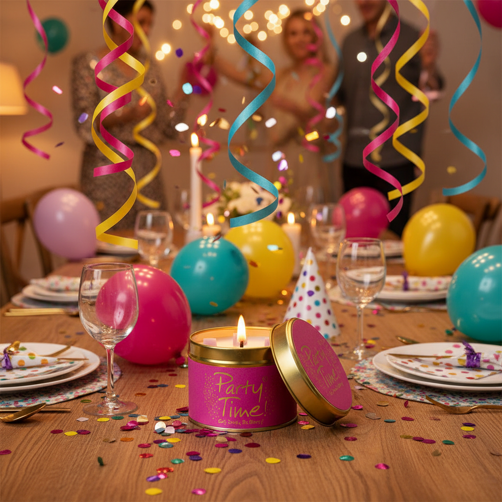 A pink cylindrical candle tin with a gold lid sits open on a decorated party table, surrounded by balloons, confetti, hanging streamers, and blurred people in the background.