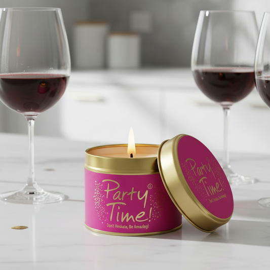 A pink and gold tin candle labeled 'Party Time!' sits lit on a white marble surface, with wine glasses blurred in the background.
