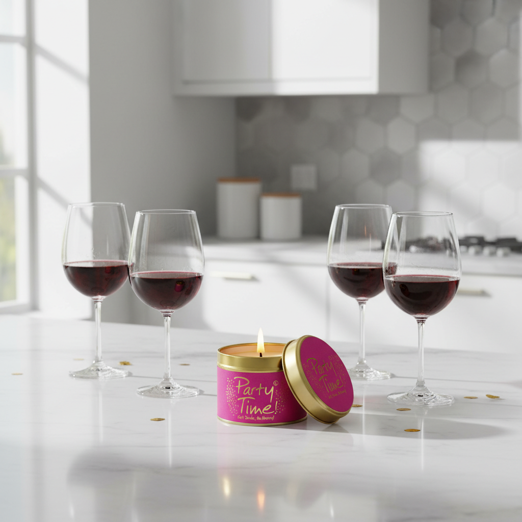 A pink and gold candle labeled 'Party Time!' sits on a white kitchen counter with four wine glasses filled with red wine in the background.