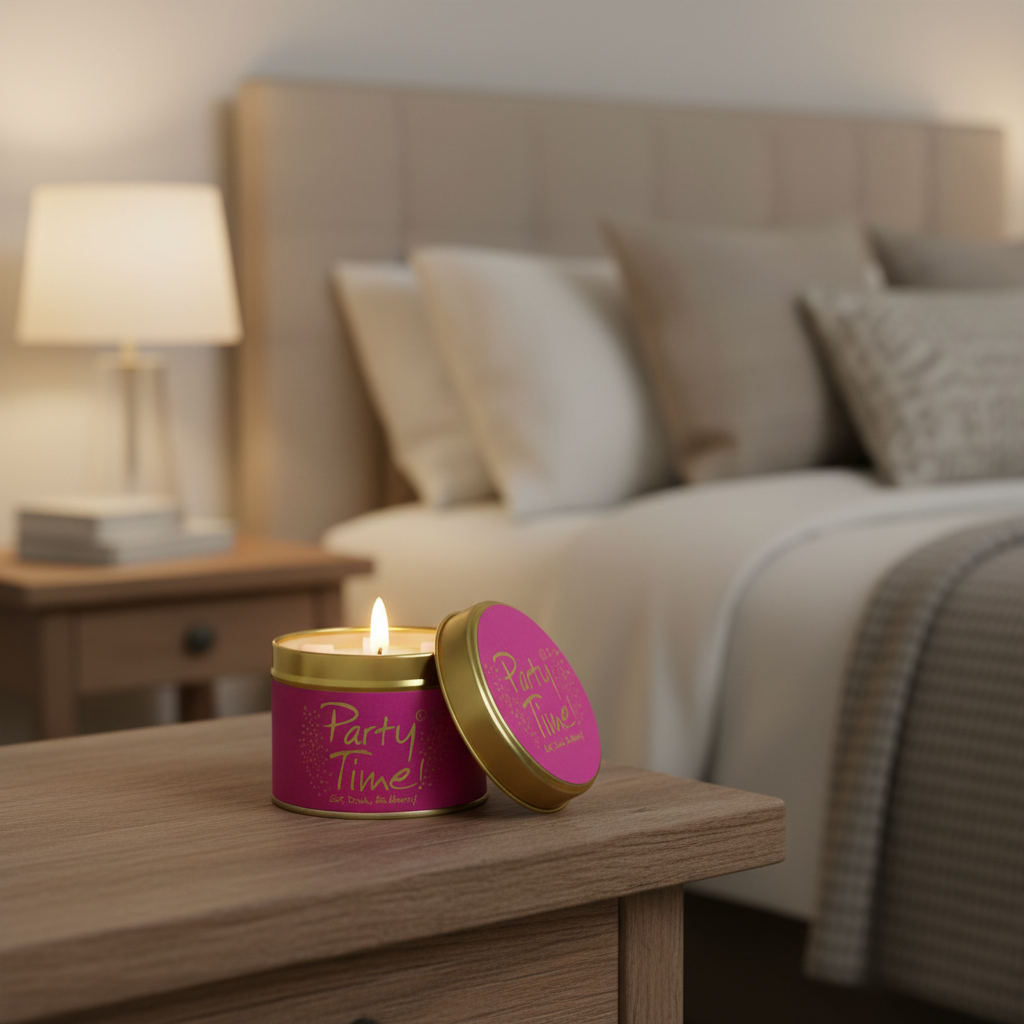 A pink cylindrical candle tin with a gold lid, labeled 'Party Time!', sits on a wooden bedside table in a softly lit bedroom. The lid is slightly open, revealing a lit candle inside, with a blurred bed and lamp in the background.