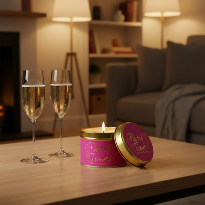 A pink cylindrical candle tin with a gold lid, labeled 'Party Time!', sits on a wooden table in a cozy living room setting with two champagne flutes and a blurred sofa in the background.