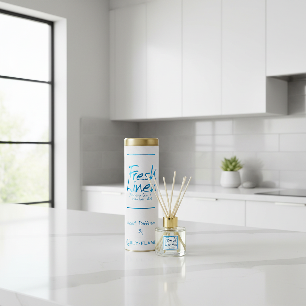 A reed diffuser set on a white kitchen island, featuring a tall white cylindrical tin with a gold lid and a clear glass reed diffuser bottle with gold accents. The background shows a softly blurred modern white kitchen.