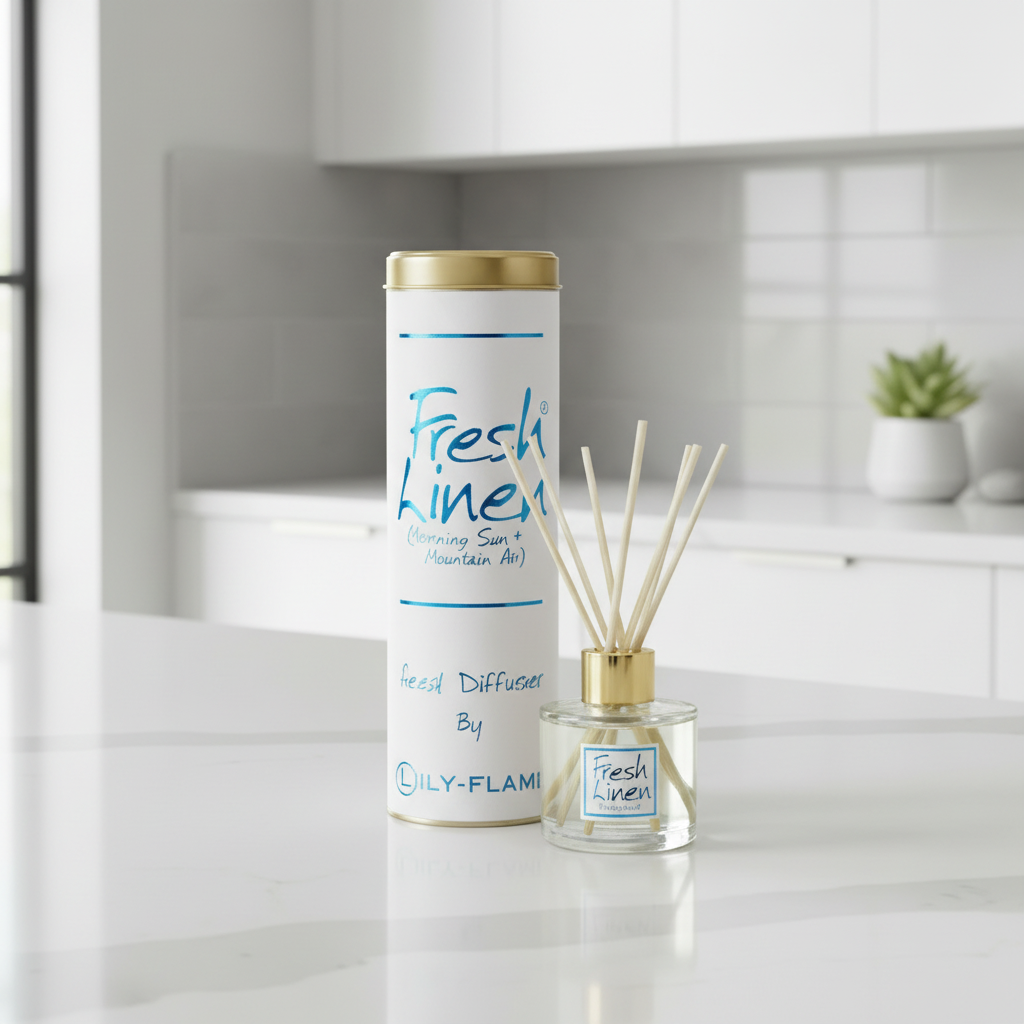 A reed diffuser set on a white kitchen counter, featuring a tall white cylindrical tin with a gold lid labeled 'Fresh linen' and a clear glass bottle with reeds and a gold cap.