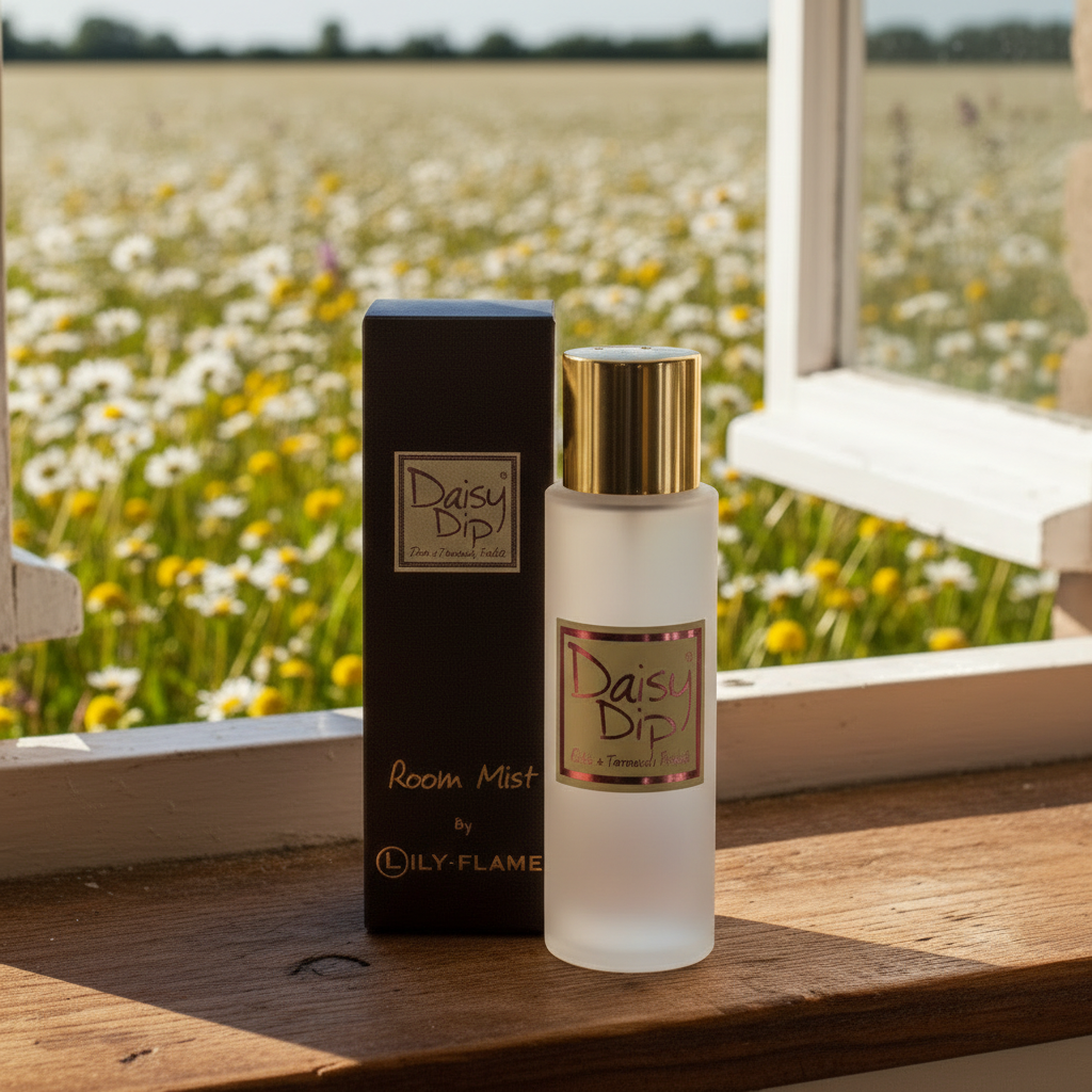 A frosted glass bottle of Daisy BPD Room Mist with a gold cap stands next to its black packaging box on a wooden windowsill, with a blurred field of white and yellow flowers in the background.
