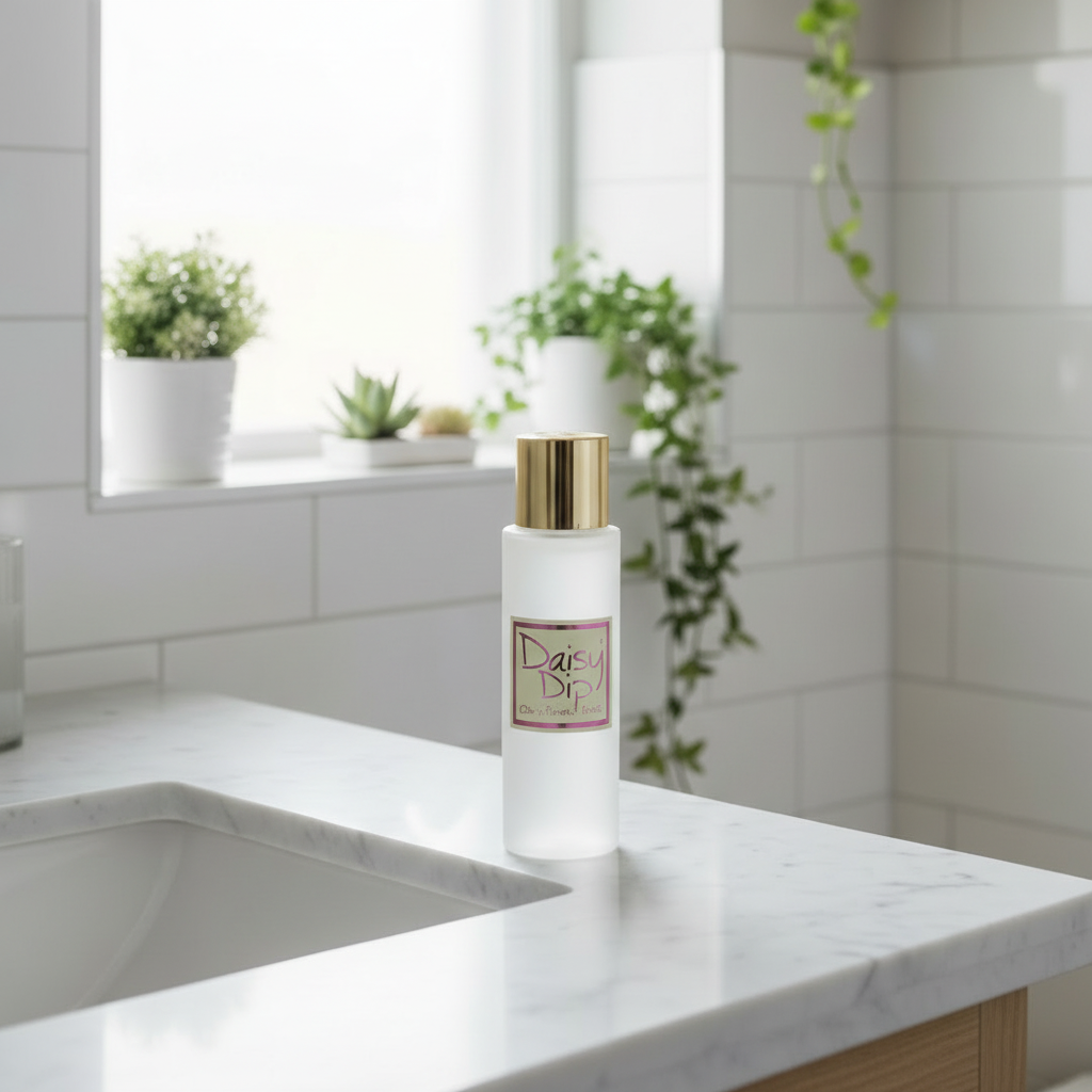 A frosted glass bottle with a shiny gold cap and a decorative label reading 'Daisy Spr' stands on a white marble bathroom counter in front of a sink. The background shows a bright, modern bathroom with white subway tiles, potted plants, and a hanging green vine.