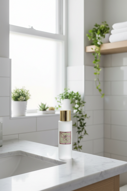 A frosted glass bottle with a gold pump and a decorative label reading 'Dawn Soap' sits on a white marble bathroom countertop near a sink, with a bright tiled bathroom and potted plants in the background.