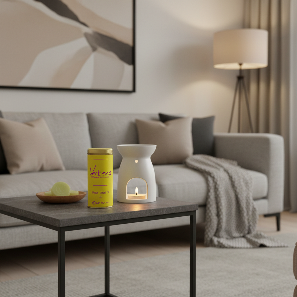 A yellow cylindrical candle tin and a white ceramic candle warmer with a lit tealight candle sit on a gray side table in a modern living room setting with a gray sofa and a floor lamp in the background.