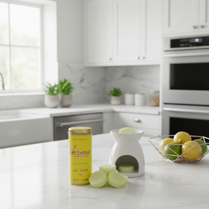 A yellow canister of 'herb' soap by 'Gentle Nature' sits on a white marble kitchen counter next to a white wax warmer with a bar of soap, with sliced soap pieces and a wire basket of lemons in the background.