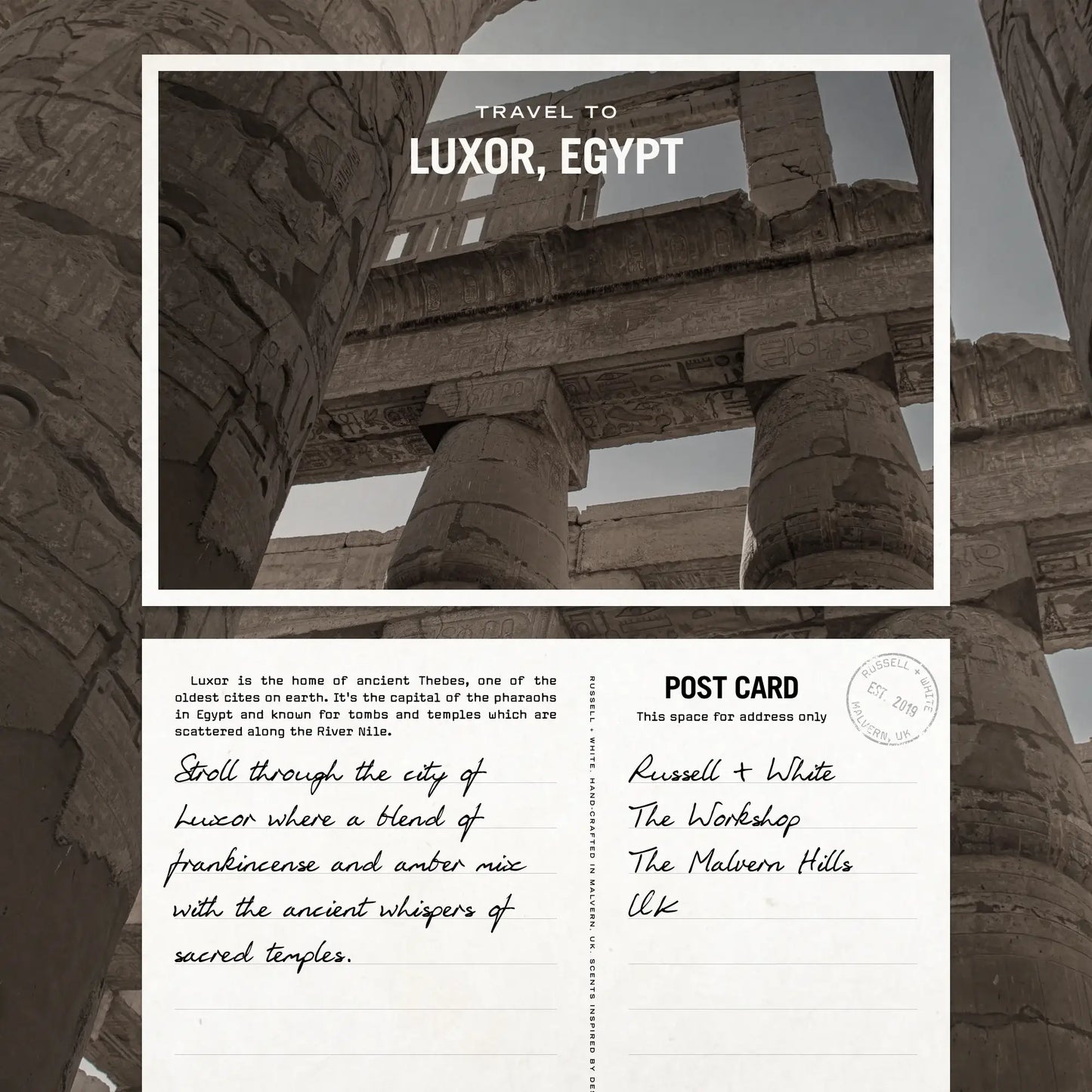Travel postcard to Luxor, Egypt with ancient architecture and text.