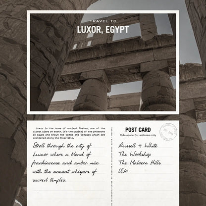 Travel postcard to Luxor, Egypt with ancient architecture and text.