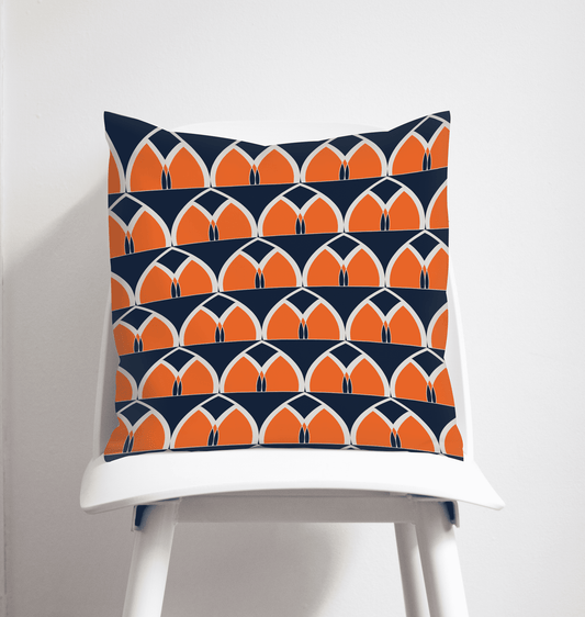 Navy Blue and Orange Retro Geometric Arches Design Cushion, Throw Pillow