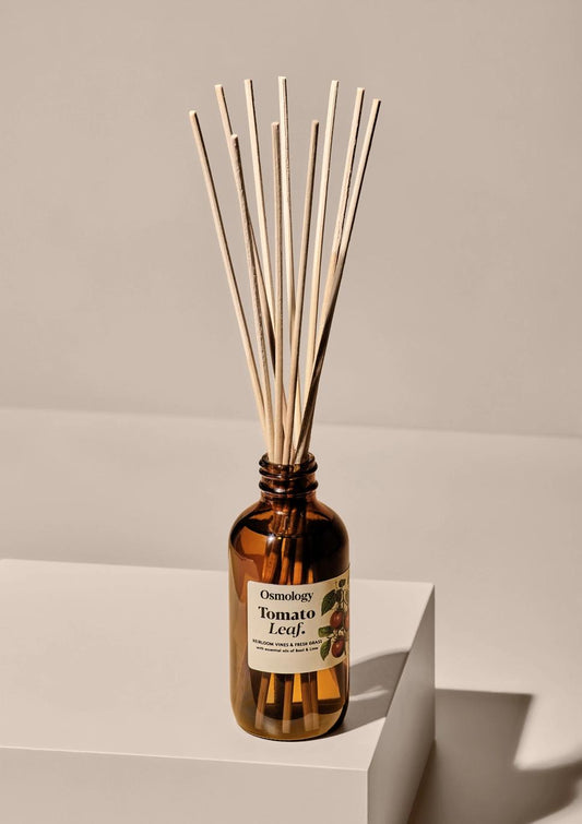 Brown diffuser bottle with wooden sticks on a light gray background