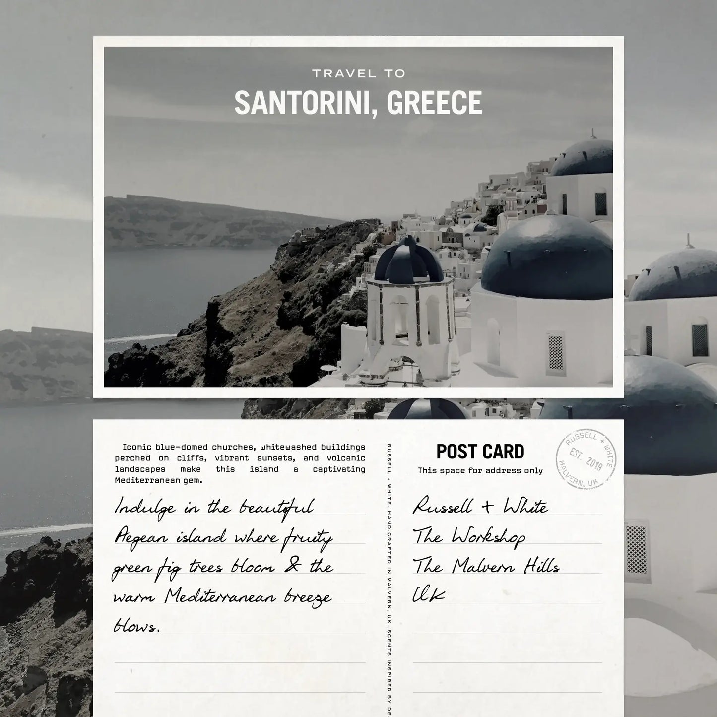 Santorini, Greece travel postcard with scenic view and text.