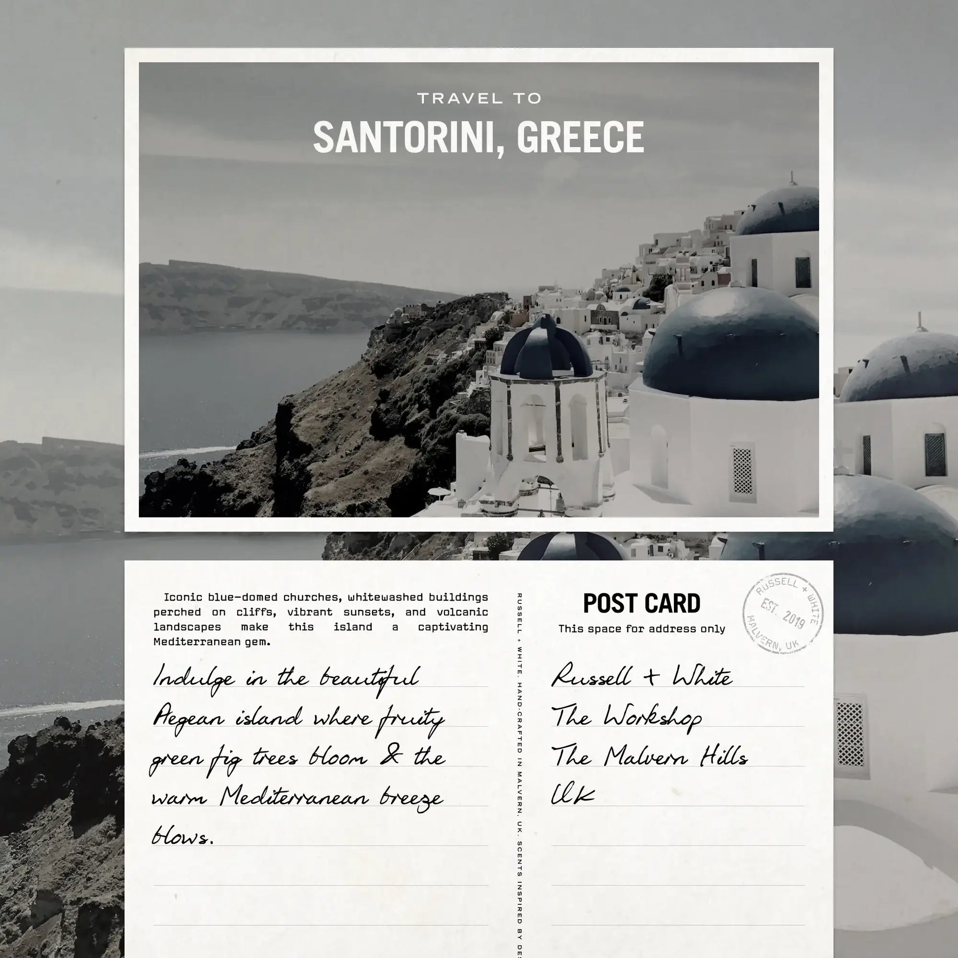 Santorini, Greece travel postcard with scenic view and text.