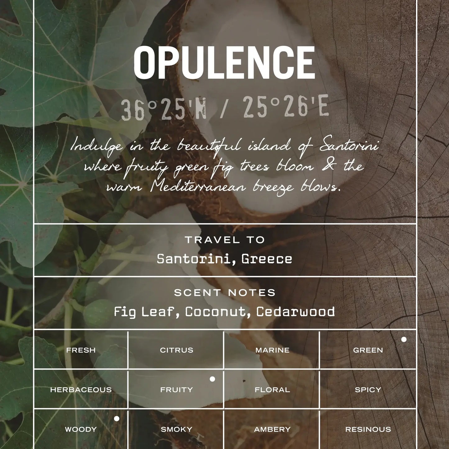Advertisement for 'Opulence' with text about Santorini, Greece, and scents on a wooden background.
