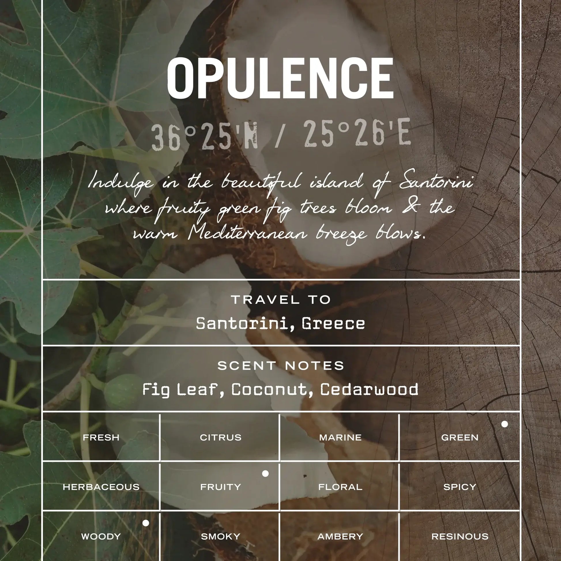Advertisement for 'Opulence' with text about Santorini, Greece, and scents on a wooden background.