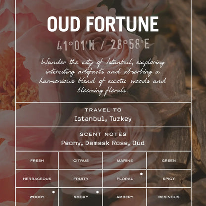 Promotional graphic for 'Oud Fortune' with floral elements and text about Istanbul and its scents.