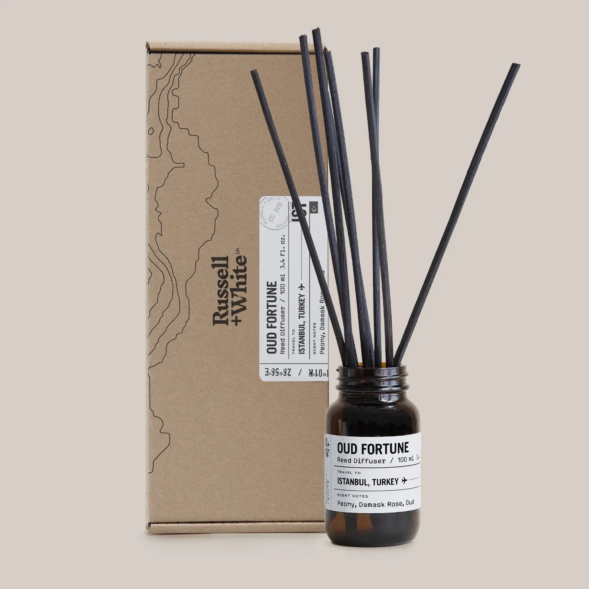 Scented diffuser bottle with black sticks and cardboard packaging on a beige background