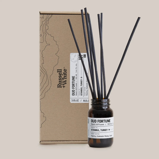 Scented diffuser bottle with black sticks and cardboard packaging on a beige background