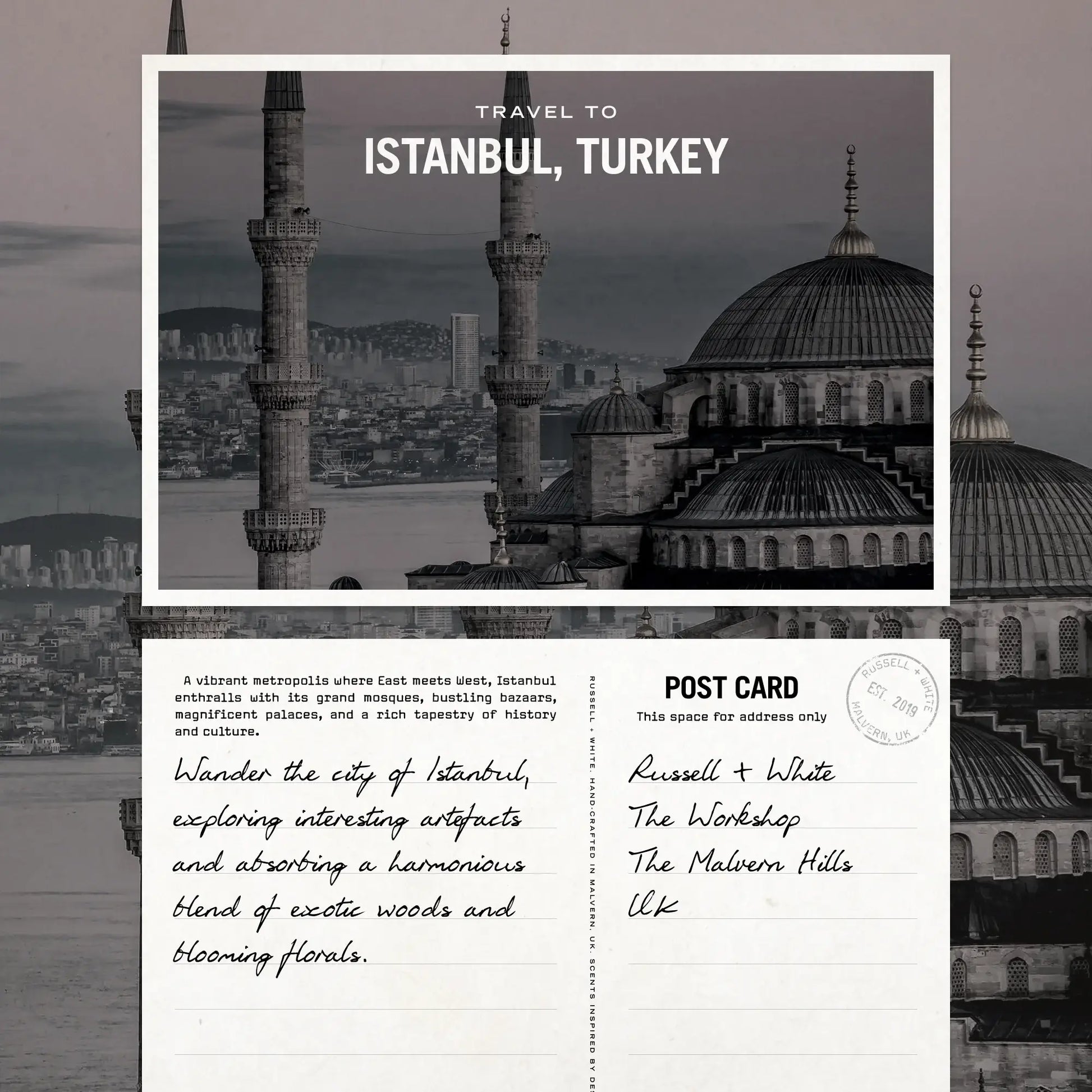 Travel postcard to Istanbul, Turkey with architectural landmarks and text.