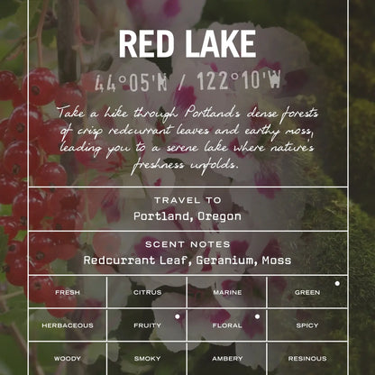 Promotional graphic for 'Red Lake' with scented notes and travel information.
