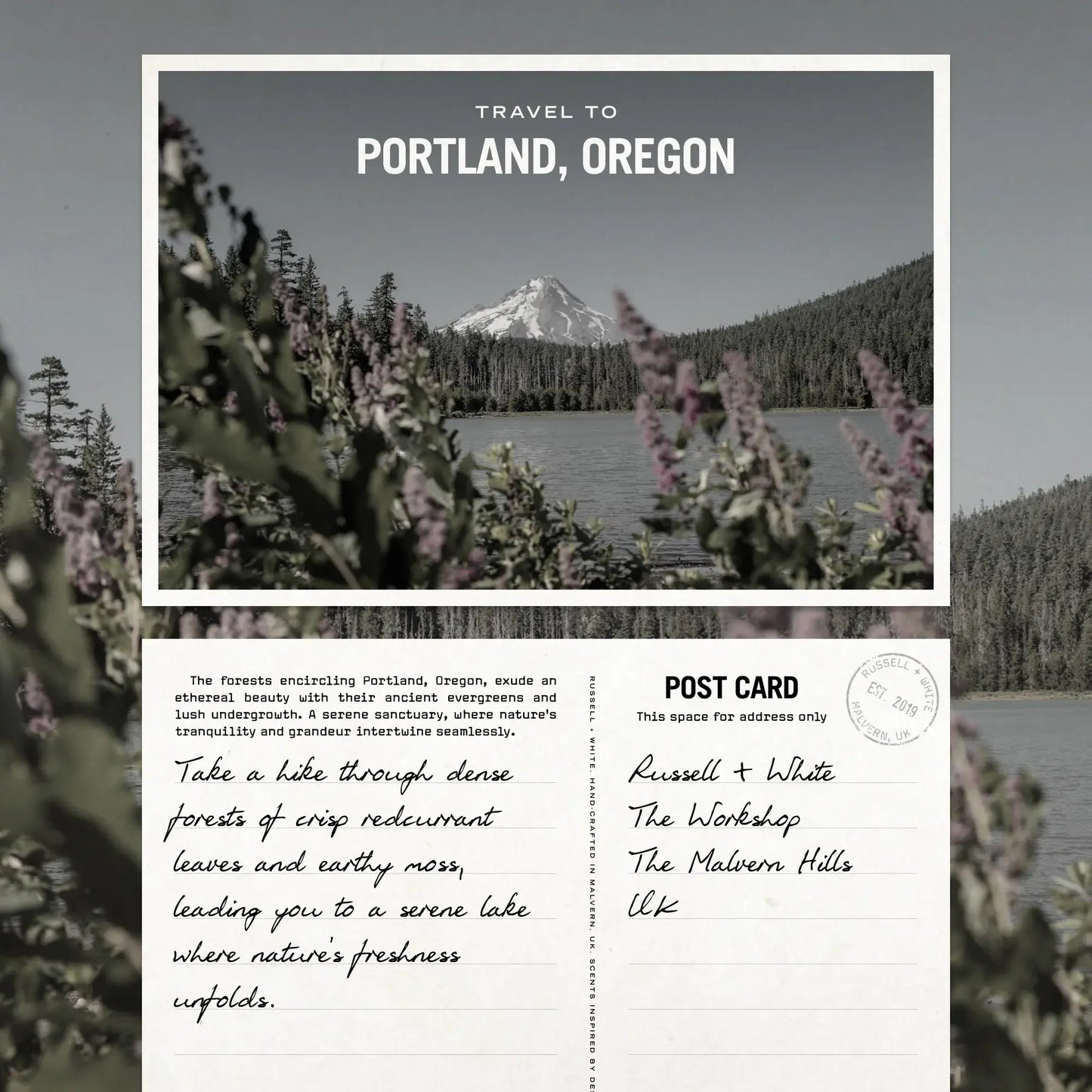 Postcard with scenic view of Portland, Oregon and text about the city.