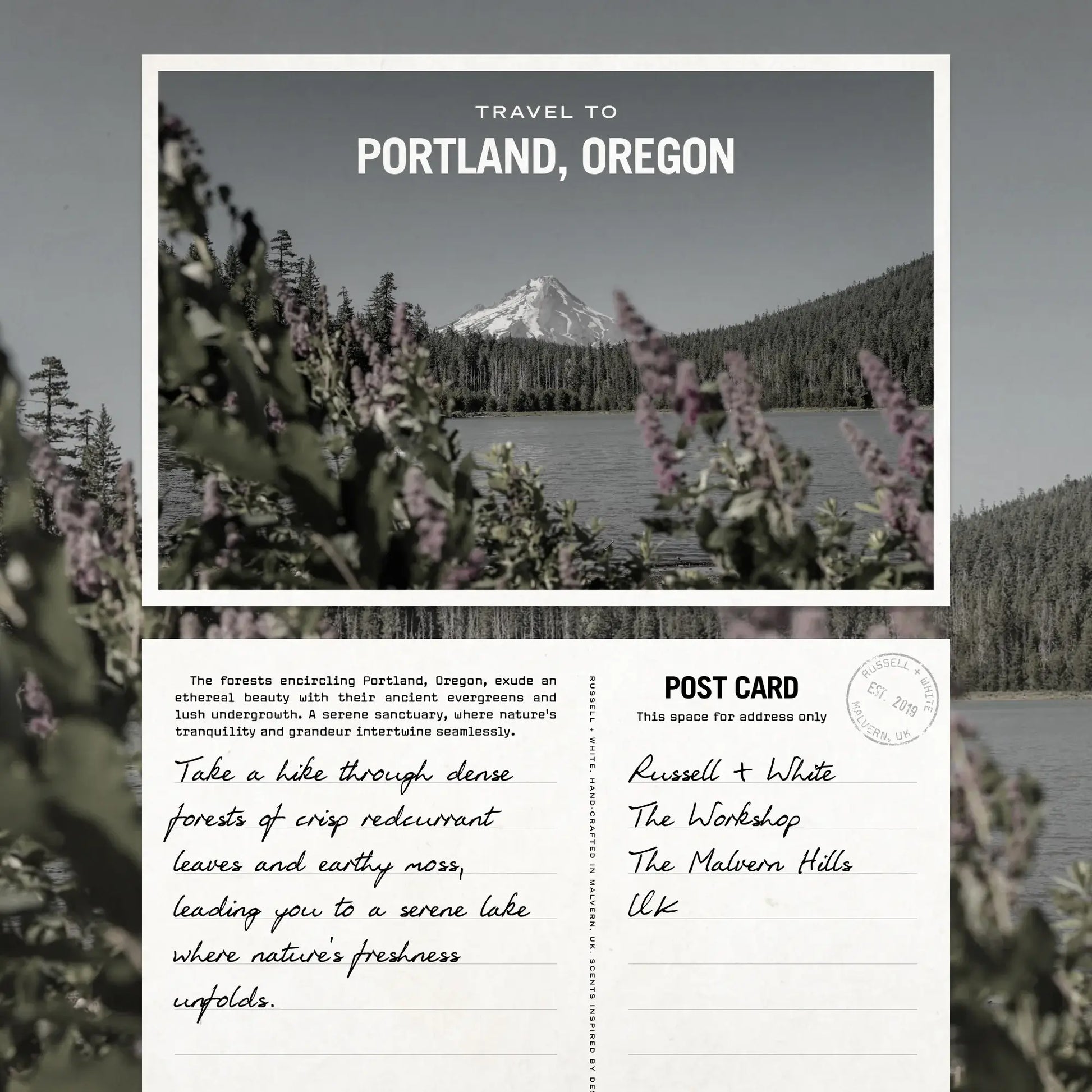 Postcard with scenic view of Portland, Oregon and text about the city.