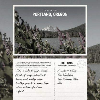 Postcard with scenic view of Portland, Oregon and text about the city.