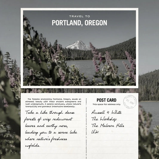 Postcard with scenic view of Portland, Oregon and text about the city.