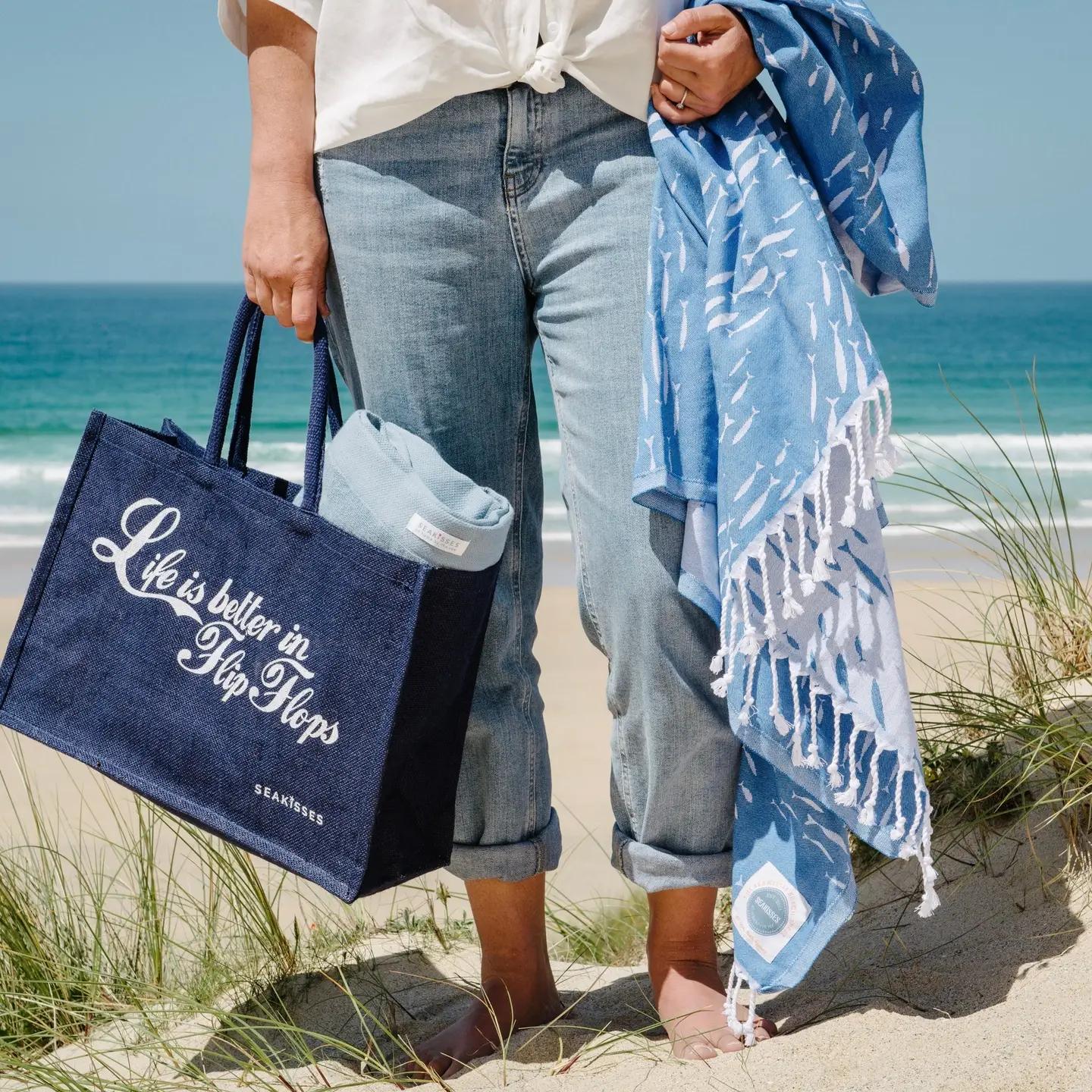 Life Is Better in Flip Flops Jute Bag - Navy, by SeaKisses