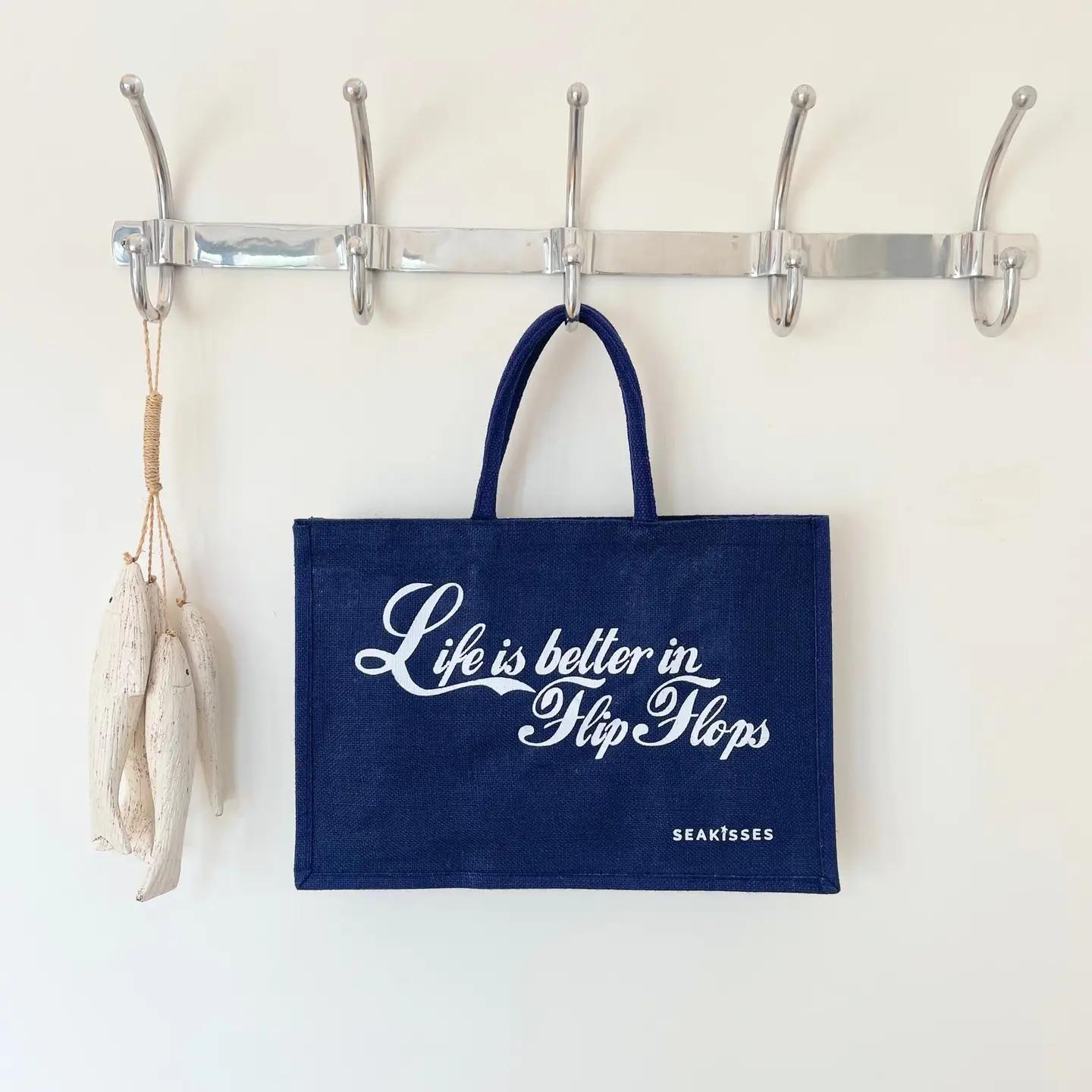 Life Is Better in Flip Flops Jute Bag - Navy, by SeaKisses