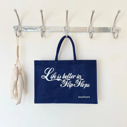 Life Is Better in Flip Flops Jute Bag - Navy, by SeaKisses
