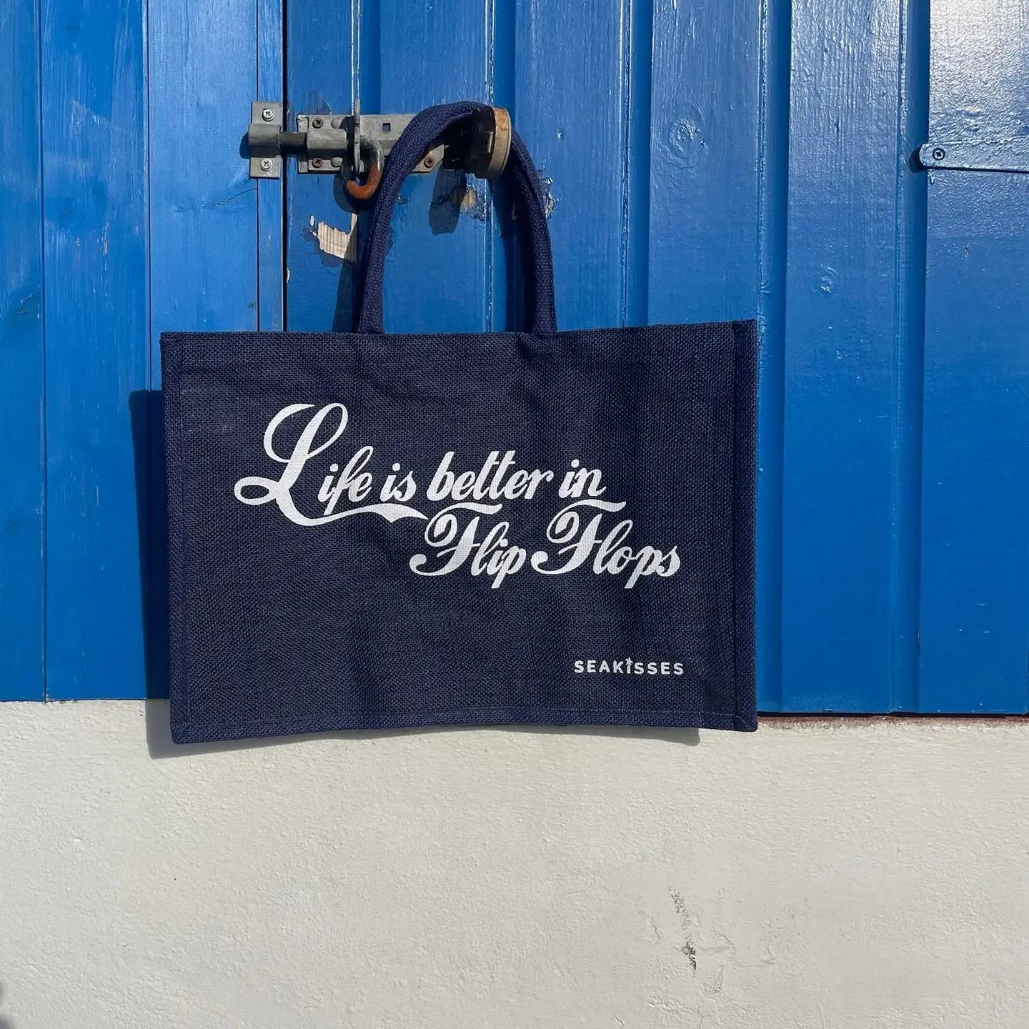 Life Is Better in Flip Flops Jute Bag - Navy, by SeaKisses