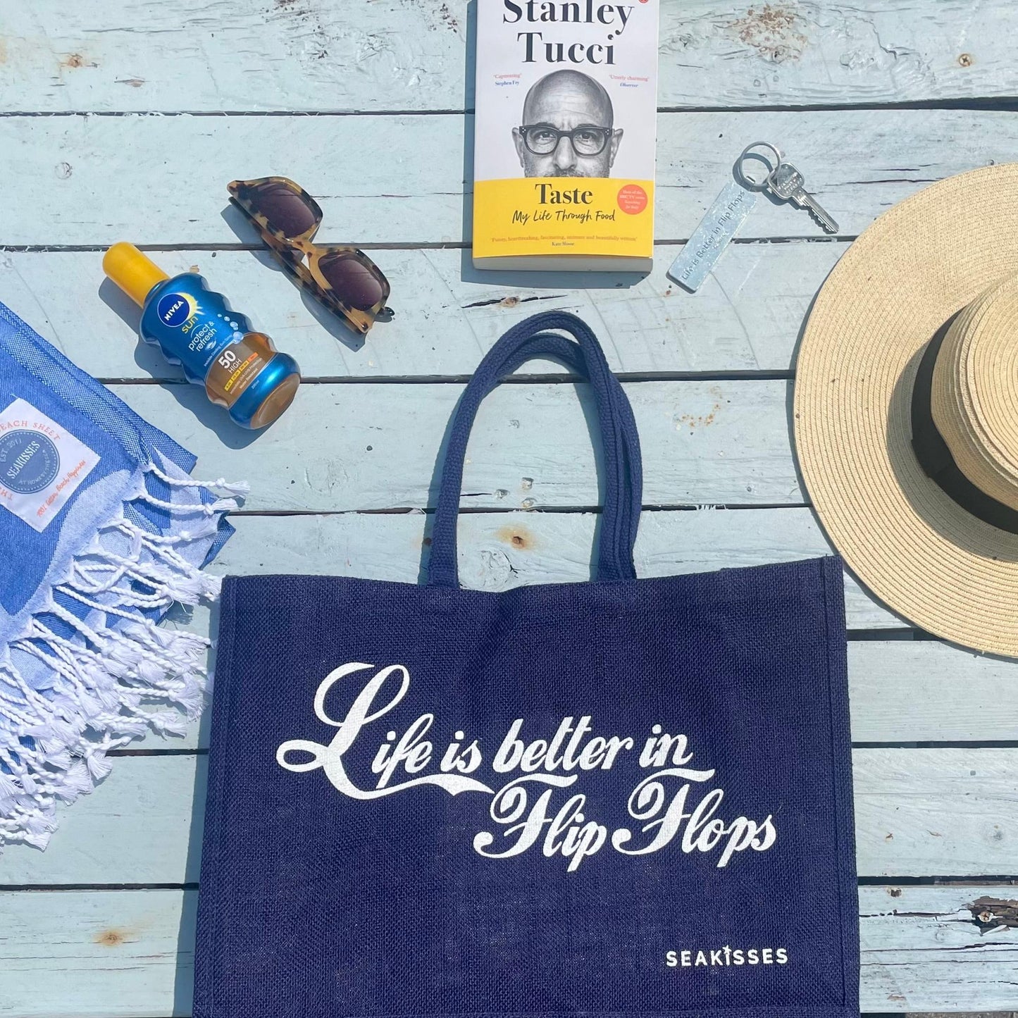 Life Is Better in Flip Flops Jute Bag - Navy, by SeaKisses