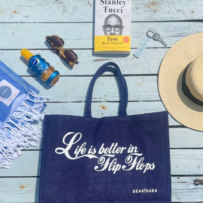 Life Is Better in Flip Flops Jute Bag - Navy, by SeaKisses