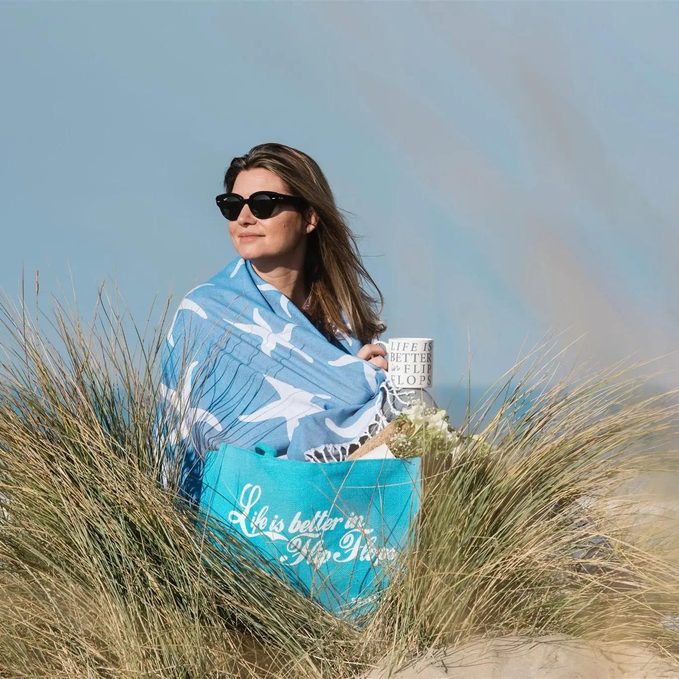 Life Is Better in Flip Flops Jute Bag - Ocean Blue by SeaKisses