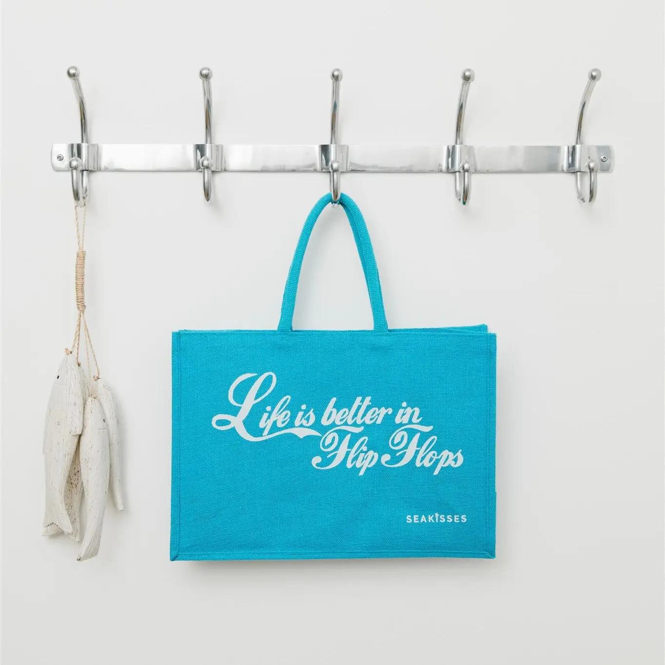 Life Is Better in Flip Flops Jute Bag - Ocean Blue by SeaKisses