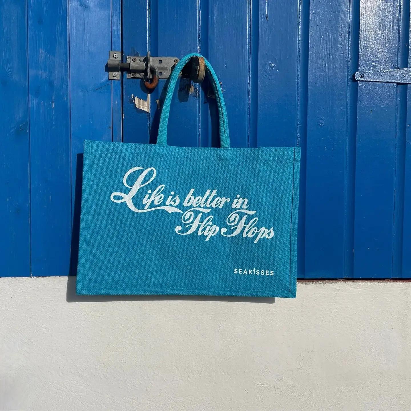 Life Is Better in Flip Flops Jute Bag - Ocean Blue by SeaKisses