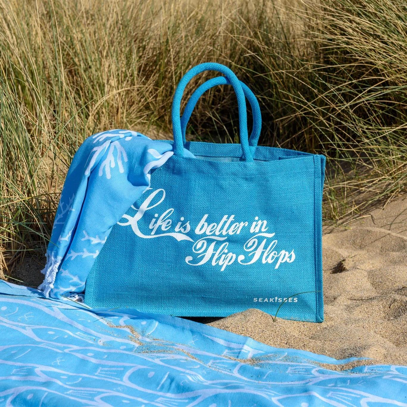 Life Is Better in Flip Flops Jute Bag - Ocean Blue by SeaKisses