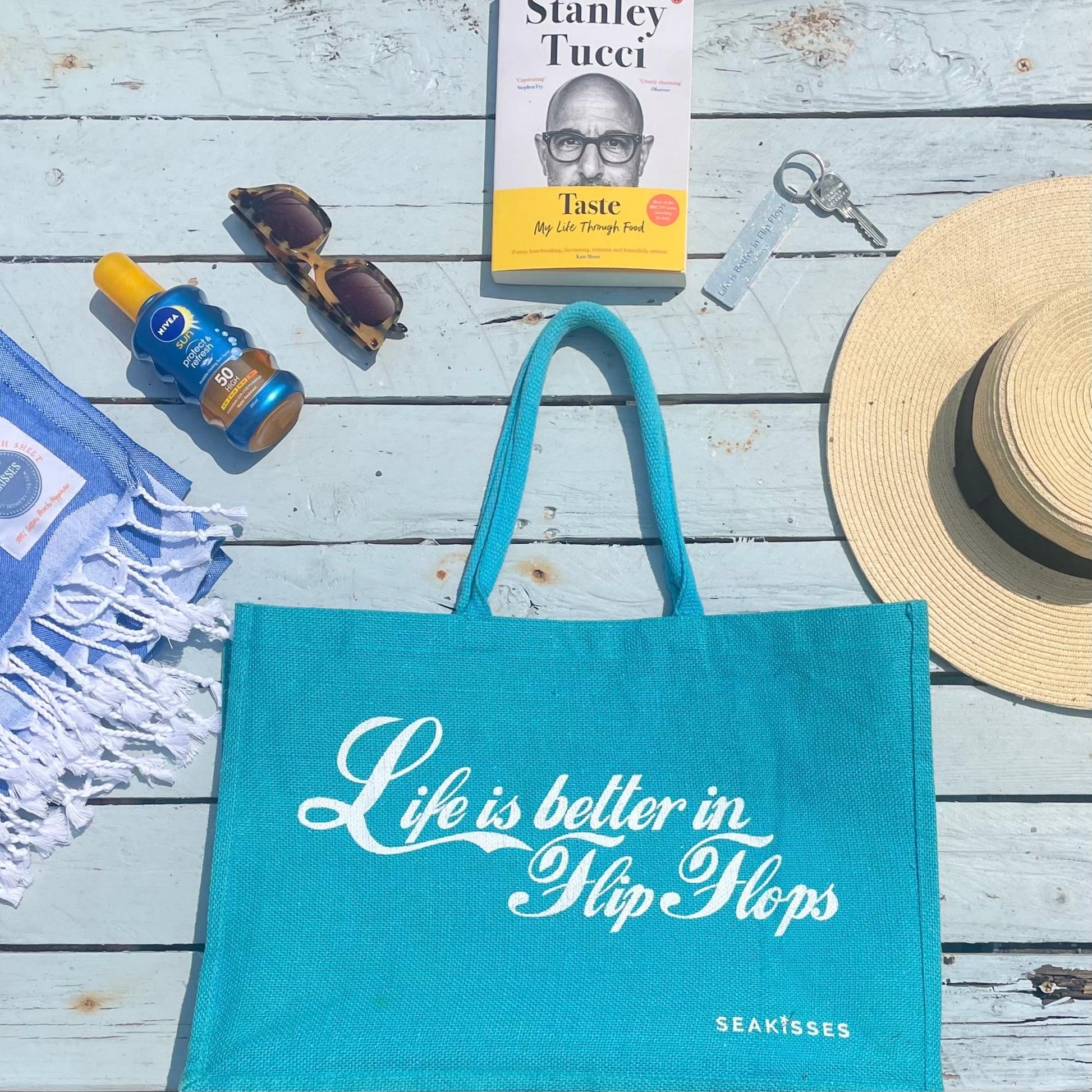 Life Is Better in Flip Flops Jute Bag - Ocean Blue by SeaKisses