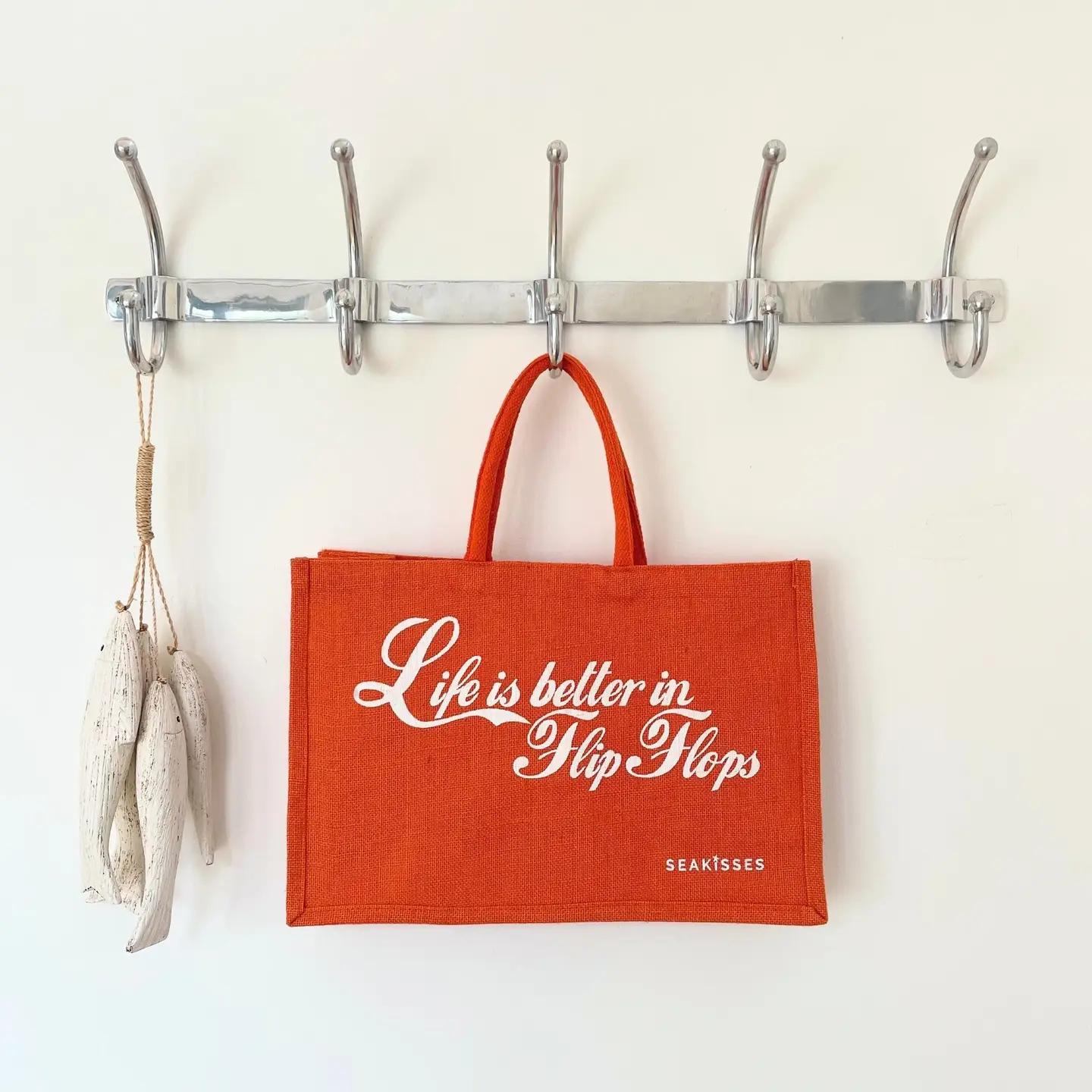 Life Is Better in Flip Flops Jute Bag - Tangerine by SeaKisses