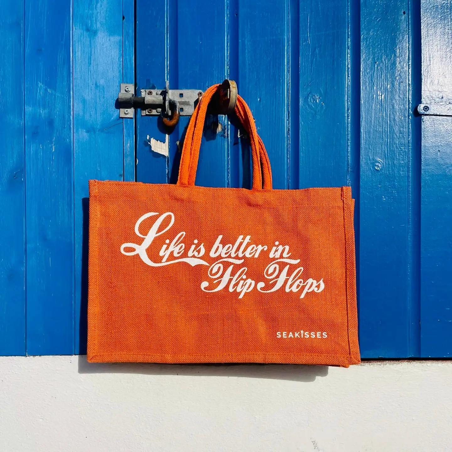 Life Is Better in Flip Flops Jute Bag - Tangerine by SeaKisses